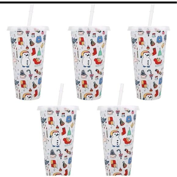 Christmas Color Changing Cups 5 Pcs Plastic Xmas Cups Reusable Travel Lids Straw - Picture 1 of 5